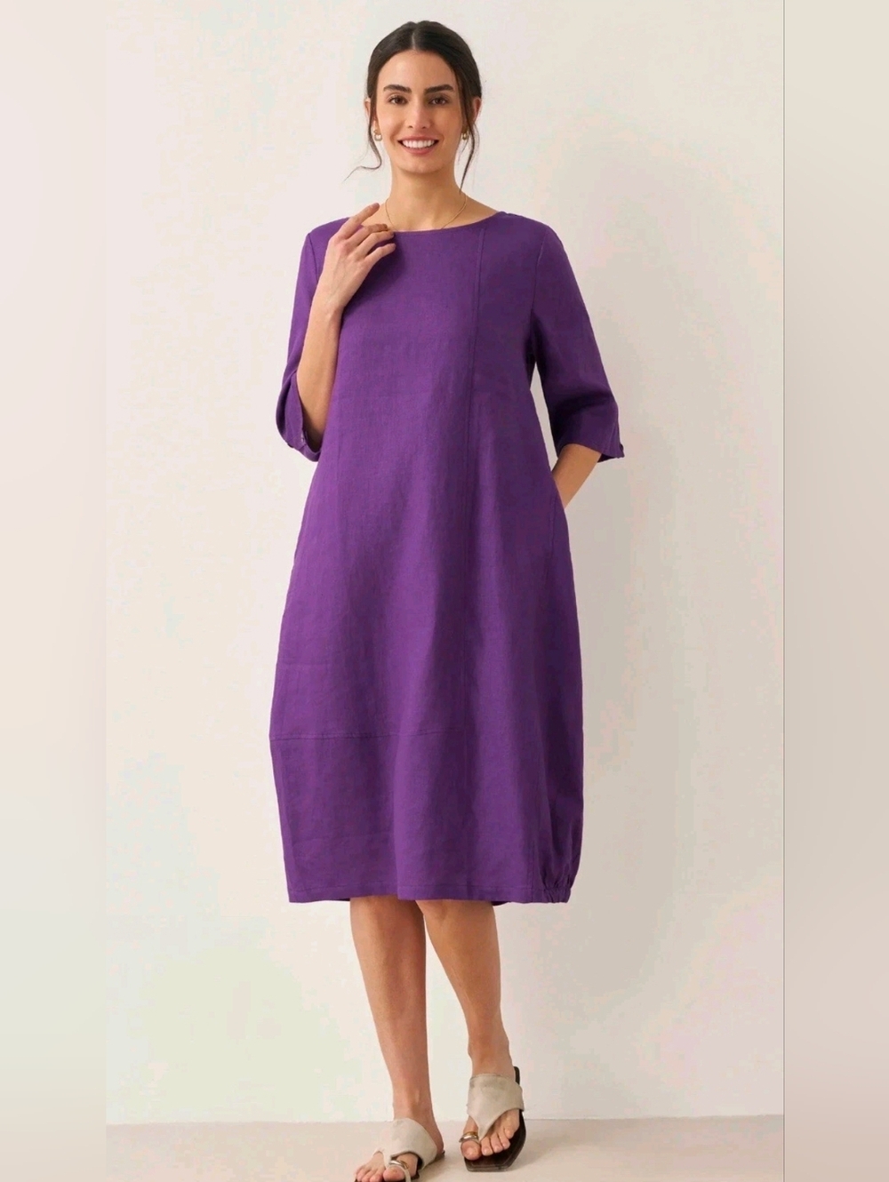 Lintico New 100% Linen Purple Midi Dress Woth Pockets Womens Sz Medium Coastal